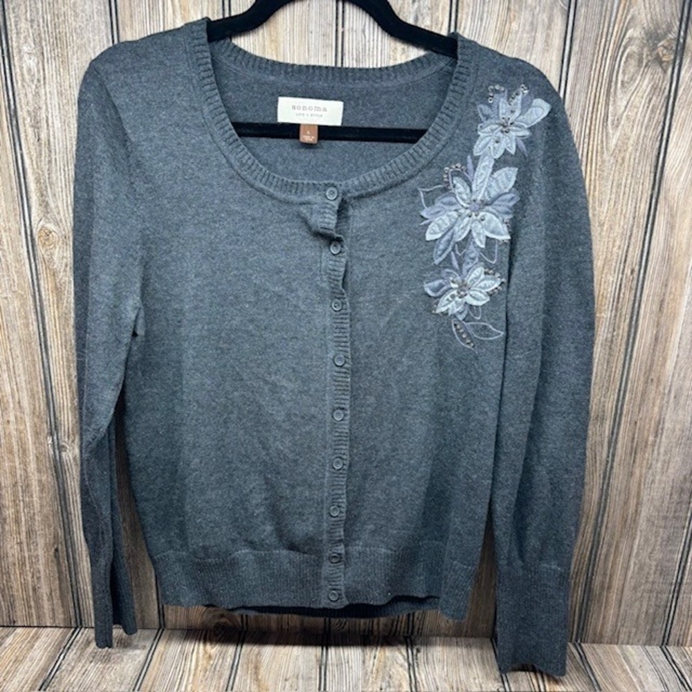 Sonoma Life Style Women Gray Embellished Floral Button Cardigan Sweater Size L